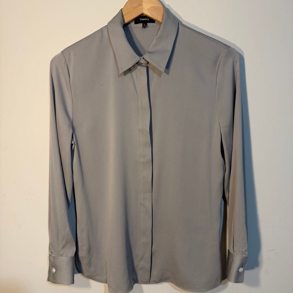 Theory Women's Gray Button Down Long Sleeve Silk Shirt, Sz M